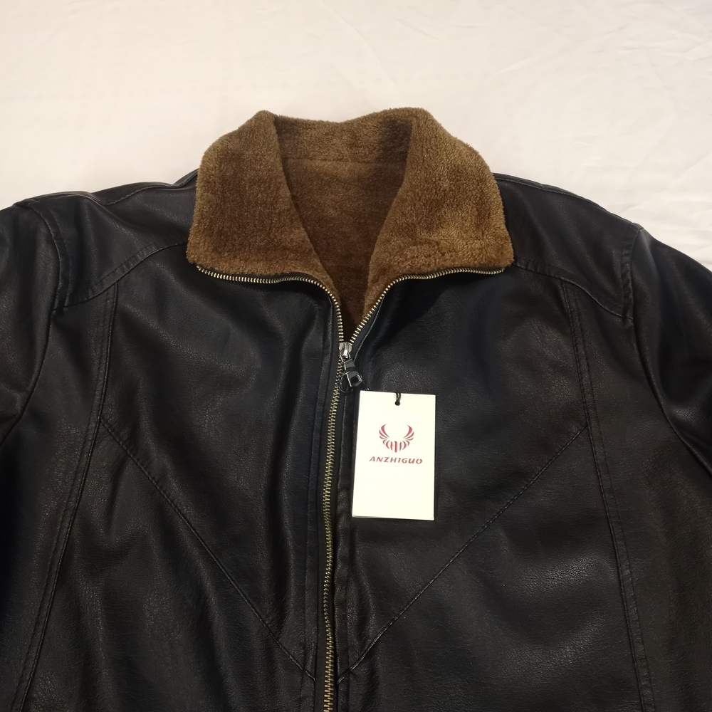 Anzhiguo Men's Full Zip Up Black and Brown Faux Leather Jacket NWT Size Large